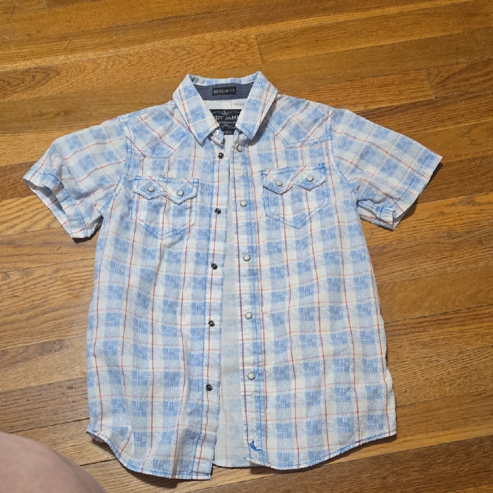 Blue and Orange Button Down Shirt with Plaid Pattern